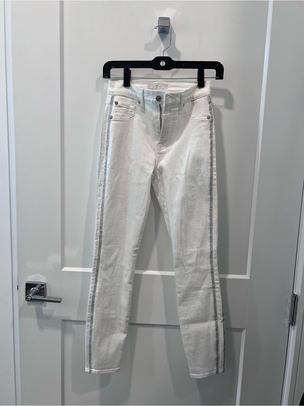 7 For All Mankind White Skinny Jeans with silver Metallic Side stripes